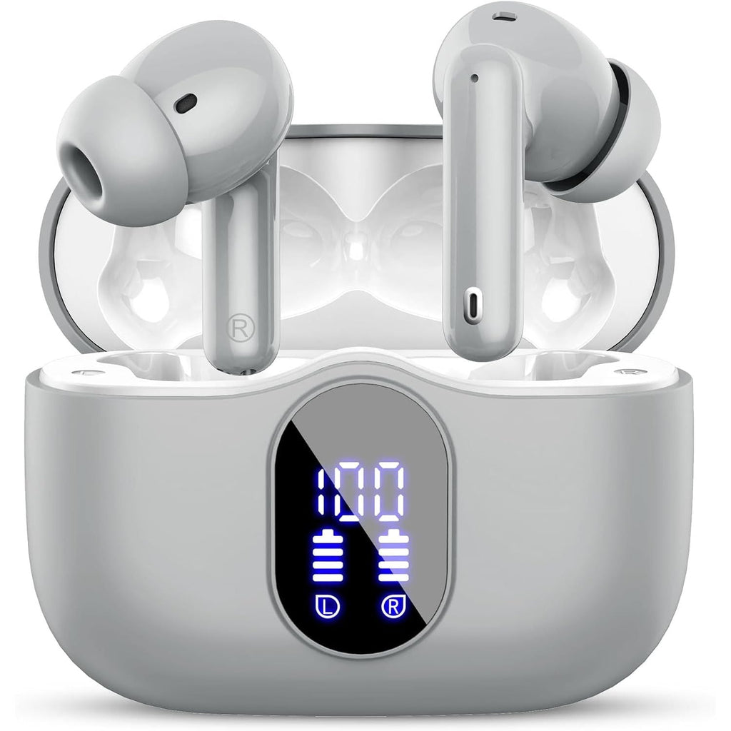 Wireless earbuds with charging case on a white background