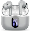 Wireless earbuds with charging case on a white background
