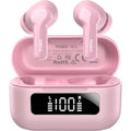 Pink wireless earbuds with charging case on a white background