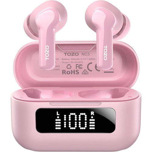 Pink wireless earbuds with charging case on a white background