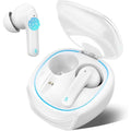 White wireless earbuds with charging case on a white background