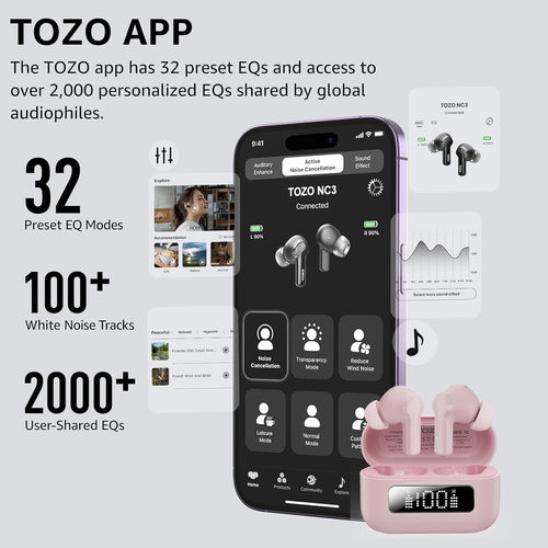 Hybrid Active Noise Cancelling Wireless Earbuds 55H Playtime IPX8 TOZO NC3