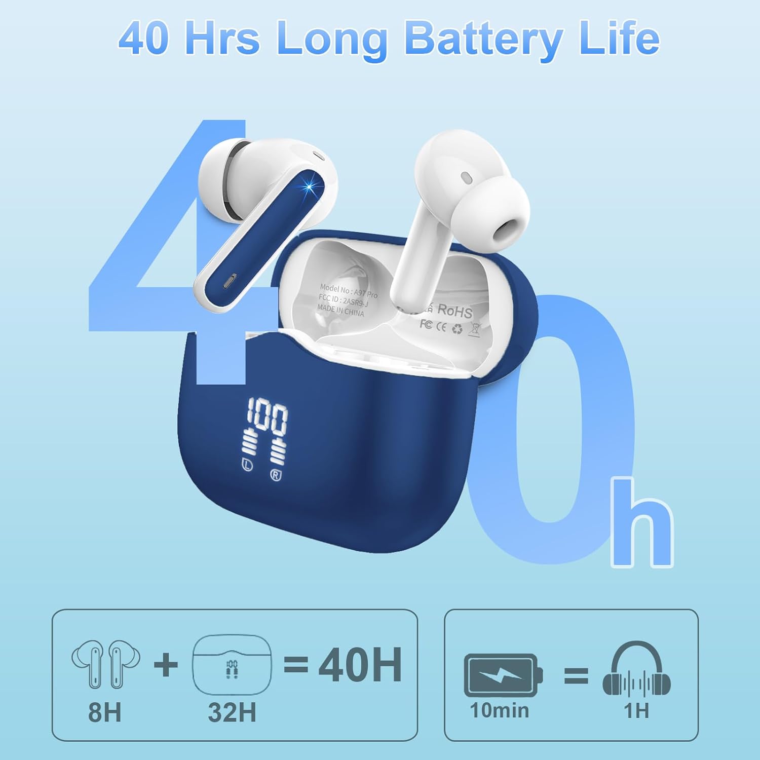 Wireless Earbuds Bluetooth 5.3 ENC Mic 40H Playtime Deep Bass IP7 Waterproof