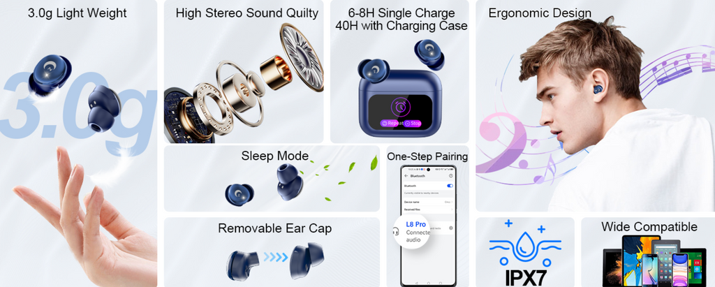 Sleep Earbuds Bluetooth 5.4 Noise Cancelling 48H Waterproof Smart Touch L8 Pro